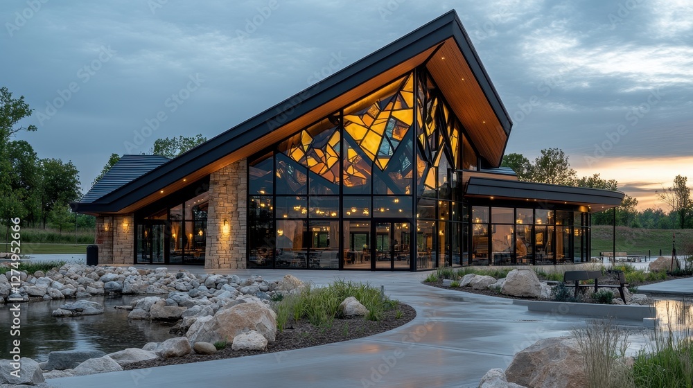 Modern Architectural Design with Glass Facade and Creative Roof in Natural Landscape Modern Architectural Design with Glass Facade and Creative Roof in Natural Landscape