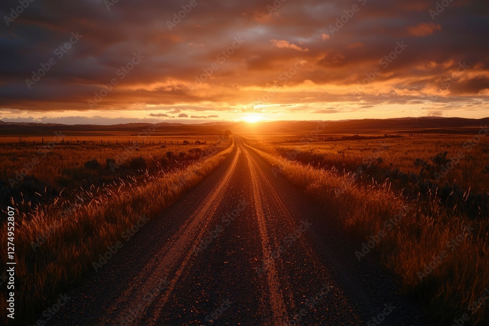 Naklejka premium Sunrise over a straight dirt road in a rural area with a golden light and sky