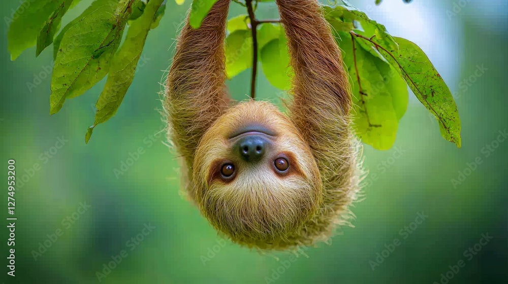 Fototapeta premium Adorable Sloth Hanging Upside Down on Green Branch Rainforest Wildlife Cute Animal Portr