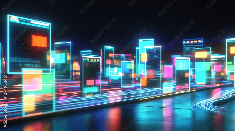 Fototapeta premium Neon Cityscape of Digital Interfaces and Data Streams
