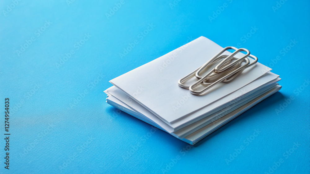 Stack of White Papers with Silver Paperclips on a Blue Background Stack of White Papers with Silver Paperclips on a Blue Background