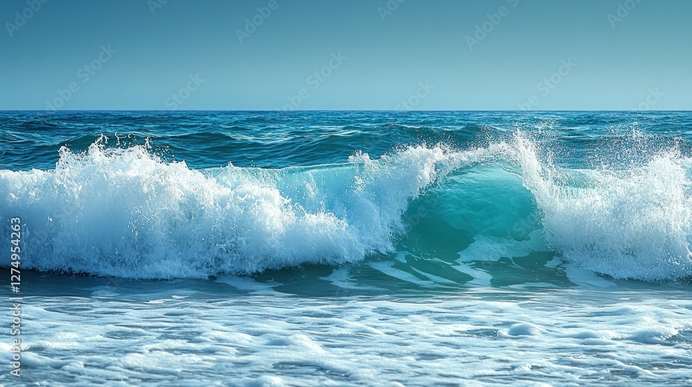 Fototapeta premium Ocean wave crashing on shore, turquoise water, white foam.