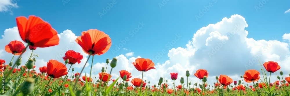 Obraz premium Poppies against a blue sky with fluffy white clouds, blue, clouds, sunshine