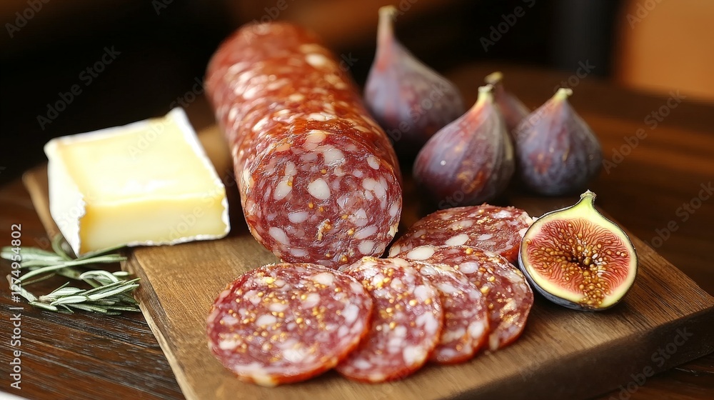 A charcuterie display featuring sliced salami, figs, and butter on a wooden board. A charcuterie display featuring sliced salami, figs, and butter on a wooden board.