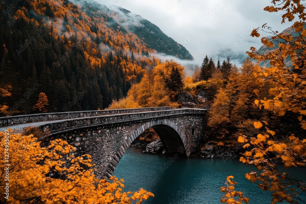 Majestic stone bridge arching over tranquil blue water in vibrant autumn forest landscape Majestic stone bridge arching over tranquil blue water in vibrant autumn forest landscape