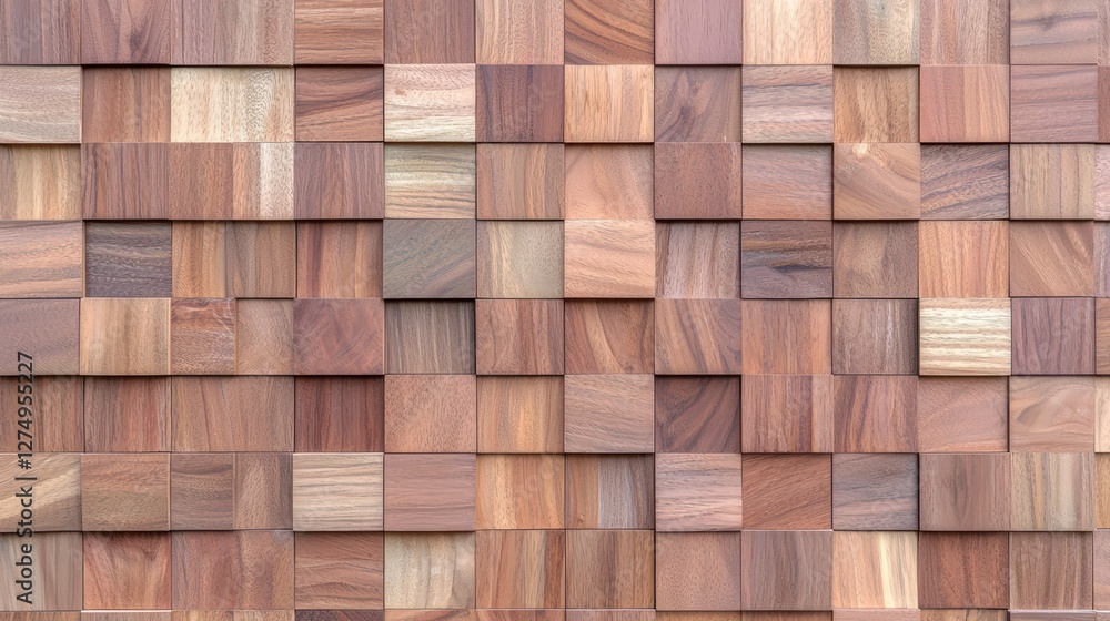 A textured wooden wall featuring a mosaic of various wood blocks in different shades.