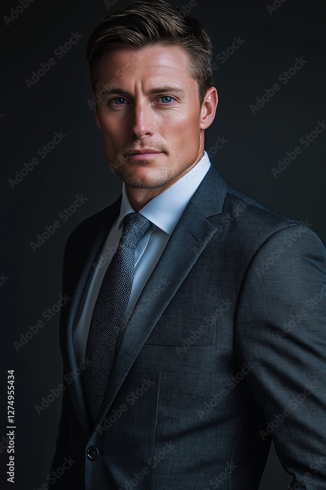 Portrait of Confident Man in Dark Gray Suit Blue Tie Portrait of Confident Man in Dark Gray Suit Blue Tie