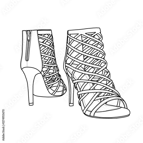 Technical sketch drawing of women's ankle strap open toe stiletto heel sandals pumps shoe line art, hand drawing outline vector doodle illustration. Back and front view. Isolated on a white background