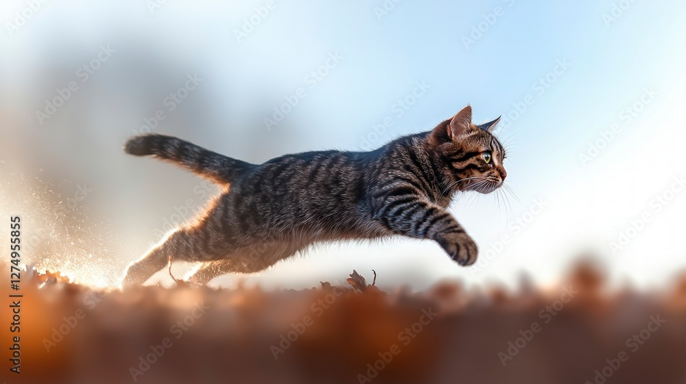 Obraz premium Tabby Cat Leaping Agile Feline Outdoor Action Shot Autumn Nature