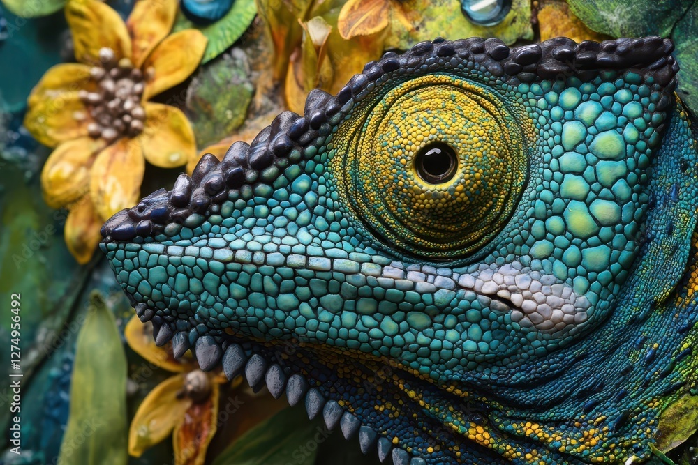 Fototapeta premium vibrant emerald chameleon in extreme macro, showcasing intricate scales and swiveling eye, natural lighting on tropical foliage