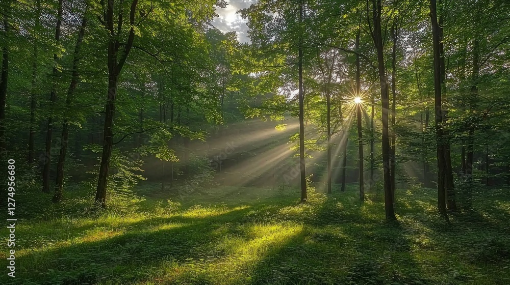 Fototapeta premium Sunbeams in Misty Green Forest Nature Trees Sunlight Landscape