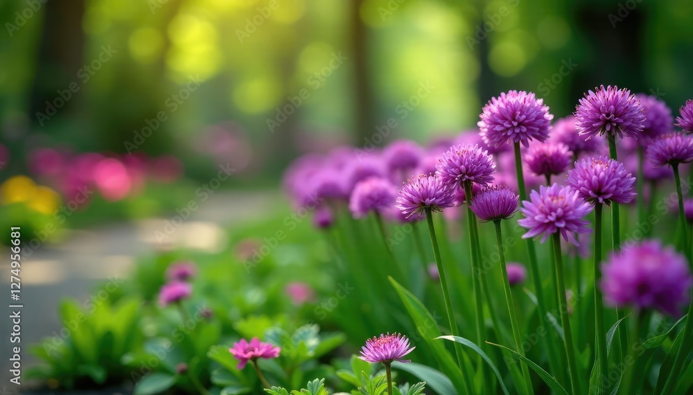 Obraz premium Purple alliums adding a pop of color to a shaded garden, flowers in shade, spring flowers