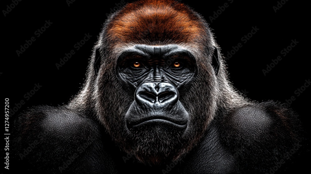 Obraz premium Majestic Silverback Gorilla Portrait Powerful Ape Dark Background Intense Gaze Wildlif