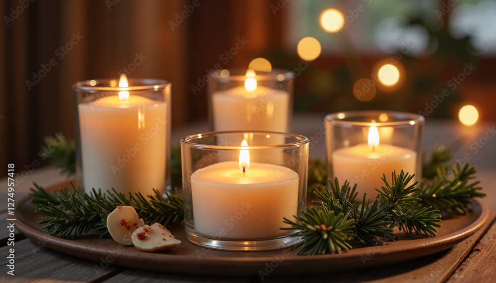 Candles glowing on a wooden table with pine decorations Candles glowing on a wooden table with pine decorations