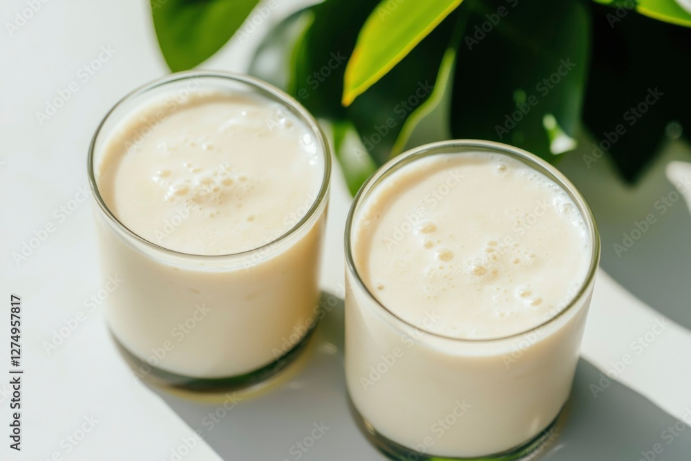 Two glasses of smoothie beverage with green plant as background for healthy diet Two glasses of smoothie beverage with green plant as background for healthy diet