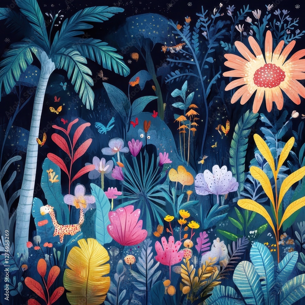 Fototapeta premium Colorful whimsical jungle scene at night with various plants