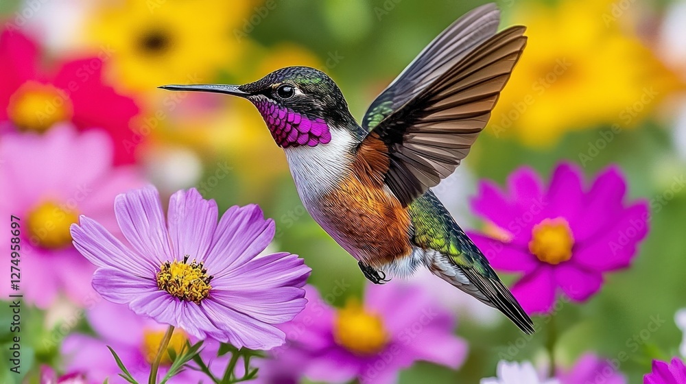 Obraz premium Hummingbird in Flight Vibrant Flowers Nature Scene Wildlife Photography