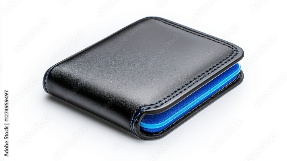 Close Up of a Small Black Wallet with Blue Interior on White Background Close Up of a Small Black Wallet with Blue Interior on White Background