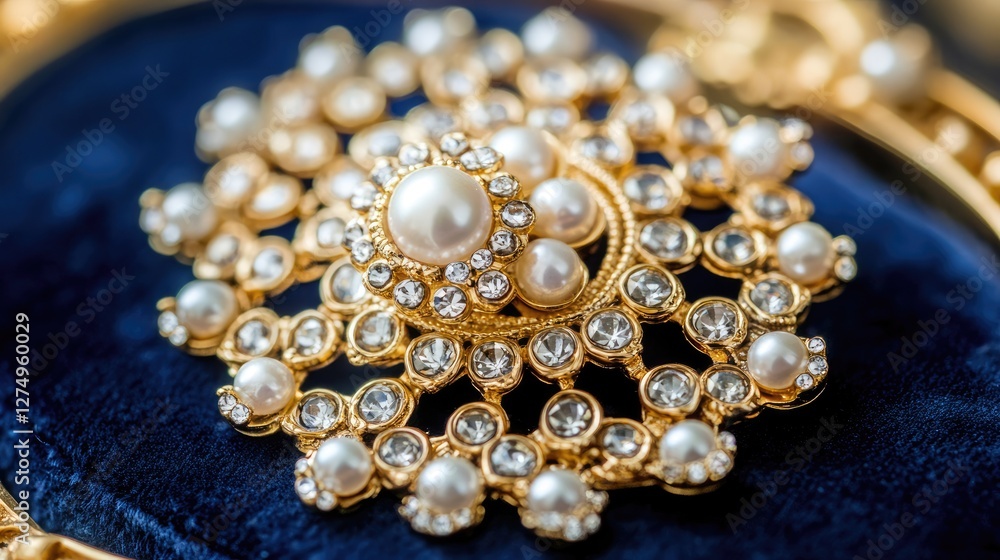 A luxury brooch with an elegant pearl centerpiece placed on a velvet tray A luxury brooch with an elegant pearl centerpiece placed on a velvet tray