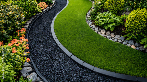 Serene garden path design featuring lush green artificial turf bordered by dark gravel and stone edging.  Ideal for landscaping, gardening, and home improvement projects.