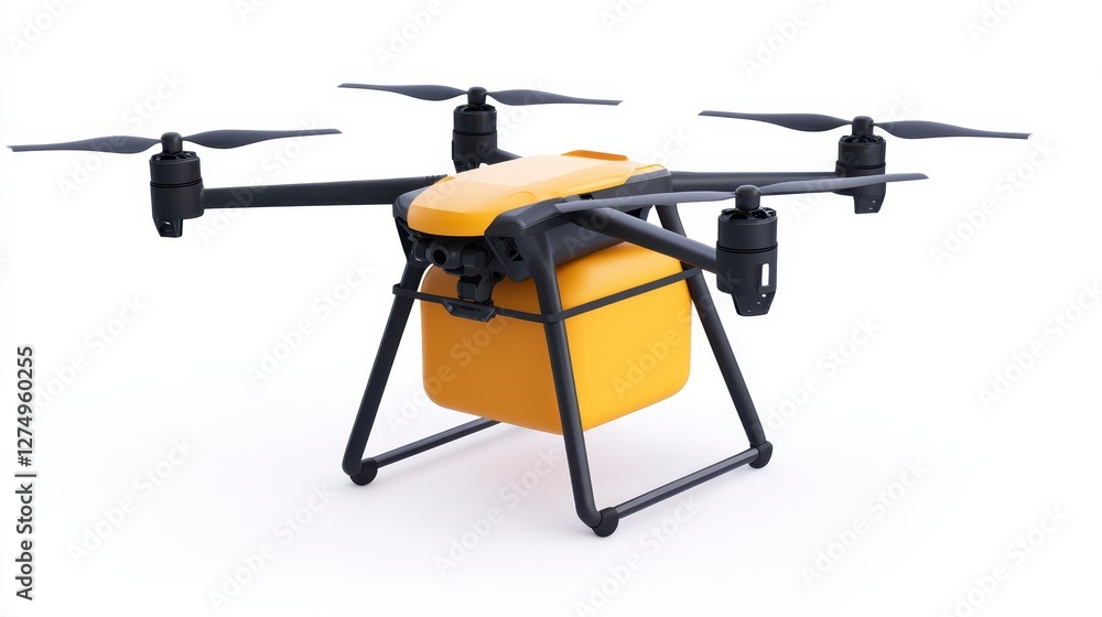 Delivery Drone with Yellow Container on White Background in Bright Studio Lighting Delivery Drone with Yellow Container on White Background in Bright Studio Lighting