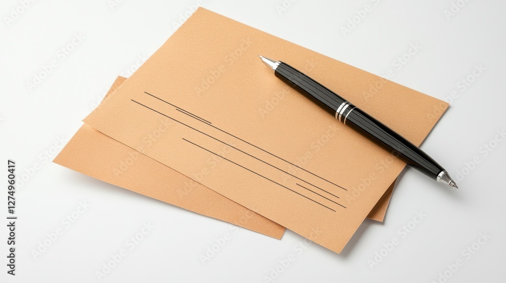 Elegant Black Pen on Stacked Brown Craft Paper Envelopes on White Surface Elegant Black Pen on Stacked Brown Craft Paper Envelopes on White Surface