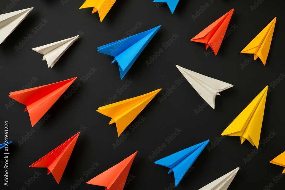 Colorful paper airplanes on black background, aerial perspective, flight concept, marketing Colorful paper airplanes on black background, aerial perspective, flight concept, marketing