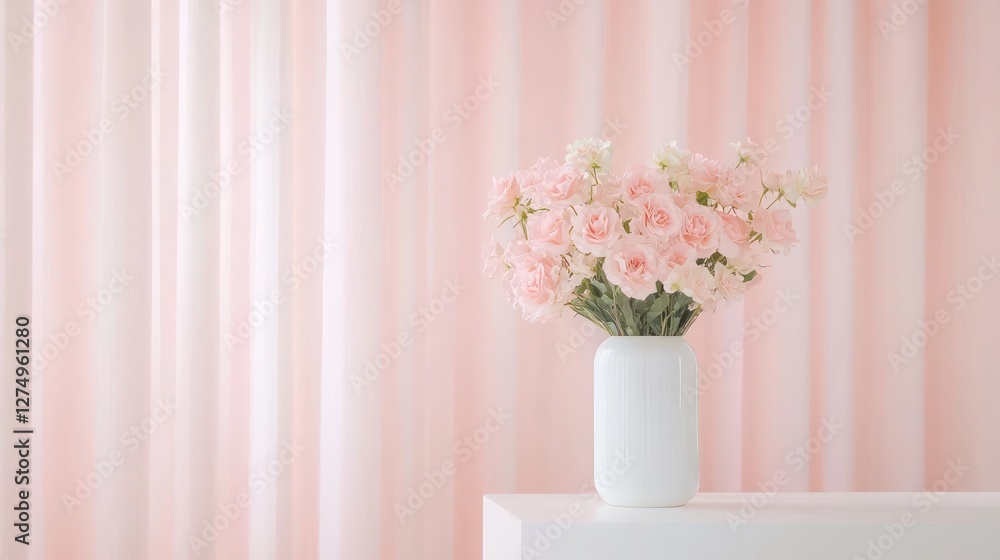 Obraz premium A bouquet of soft pink flowers in a white vase against a pastel backdrop.