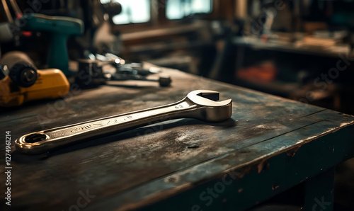 Wrench on workbench in a workshop photo