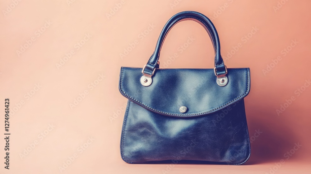 Naklejka premium A small navy blue leather satchel bag with silver detailing on a soft, neutral background
