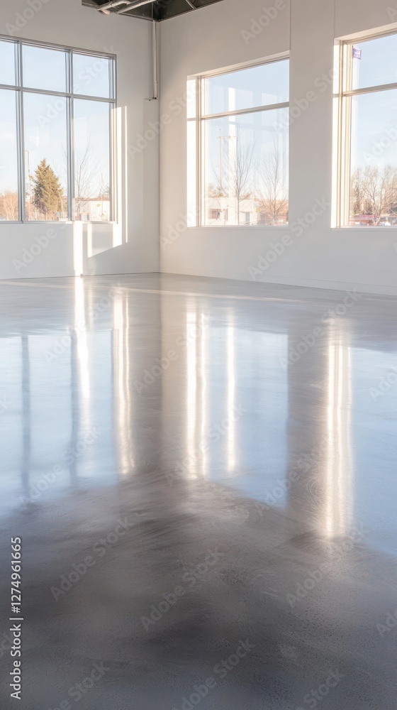 Fototapeta premium A bright, modern room with polished concrete flooring and large windows.
