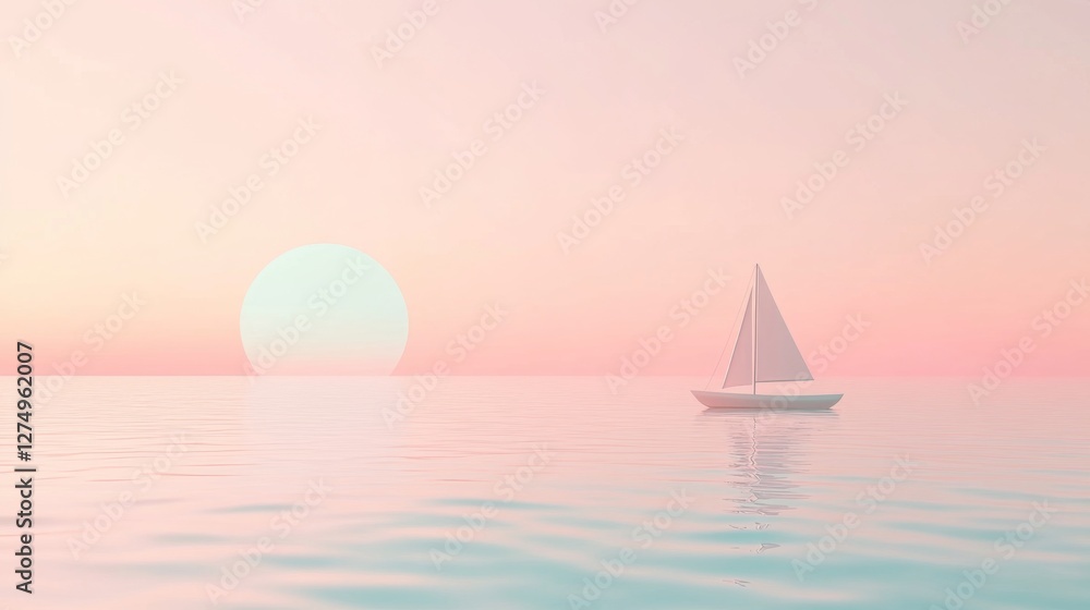 Naklejka premium Pastel Sunrise Sailboat at Sea - Calm Peaceful Scene