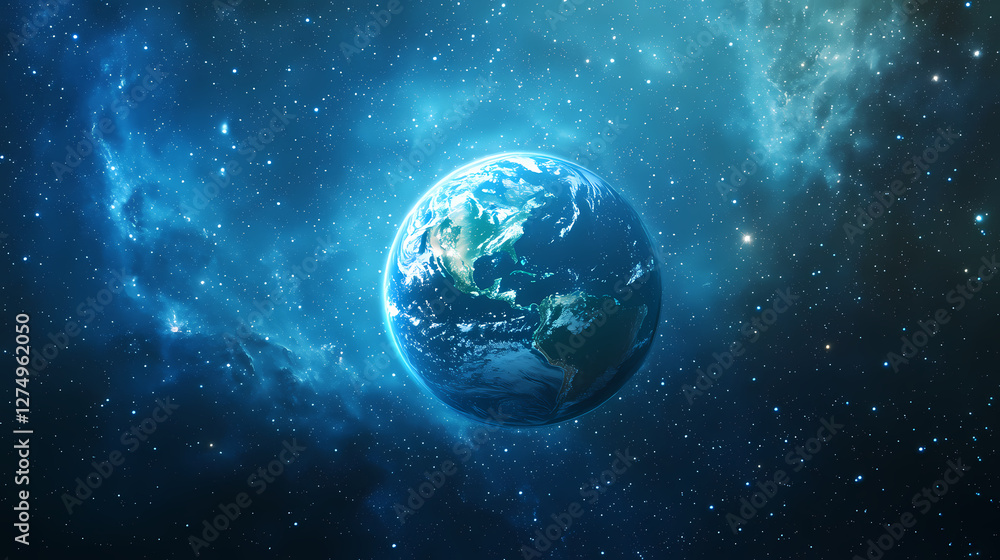 Fototapeta premium Earth in Cosmic Embrace: A Blue Nebula Scene