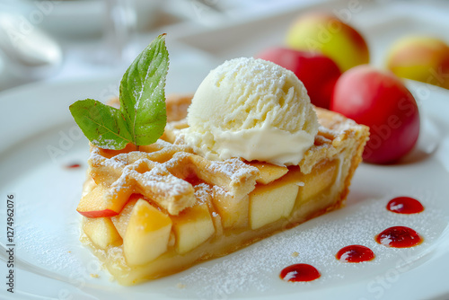Fototapeta Naklejka Na Ścianę i Meble -  Delicious slice of warm apple pie topped with vanilla ice cream and a sprig of mint, served on a white plate with red berry sauce.
