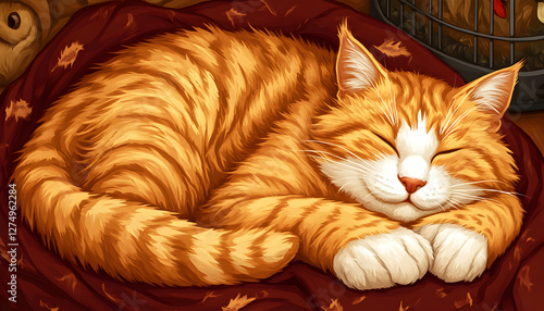 Adorable ginger cat peacefully sleeping curled up on a warm blanket, autumnal theme.