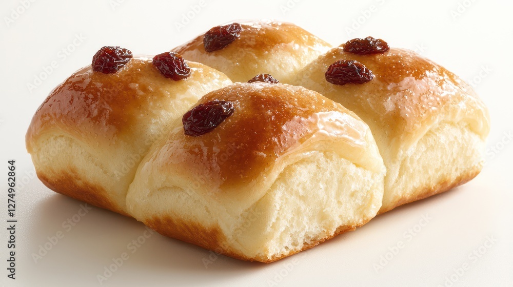 A soft, shiny bread roll topped with raisins, ideal for baking or serving at meals. A soft, shiny bread roll topped with raisins, ideal for baking or serving at meals.