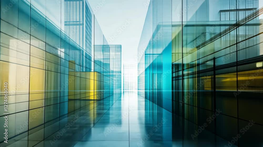 Glass corridor in futuristic city with reflections of skyscrapers Glass corridor in futuristic city with reflections of skyscrapers