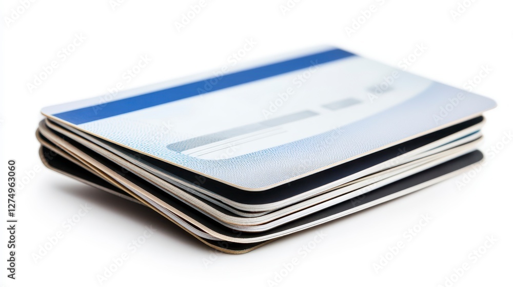 Pile of Multiple Blue and White Credit Cards Stacked on a White Background Pile of Multiple Blue and White Credit Cards Stacked on a White Background