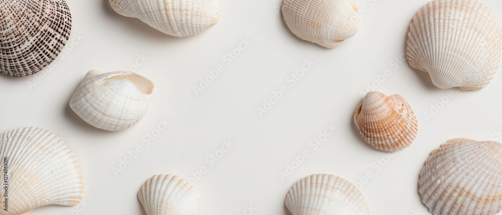 A collection of various seashells arranged on a light background. A collection of various seashells arranged on a light background.