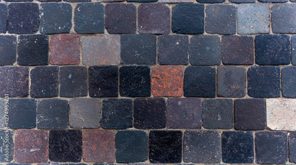 A close-up of a textured stone wall with various dark-colored tiles arranged in a pattern. A close-up of a textured stone wall with various dark-colored tiles arranged in a pattern.