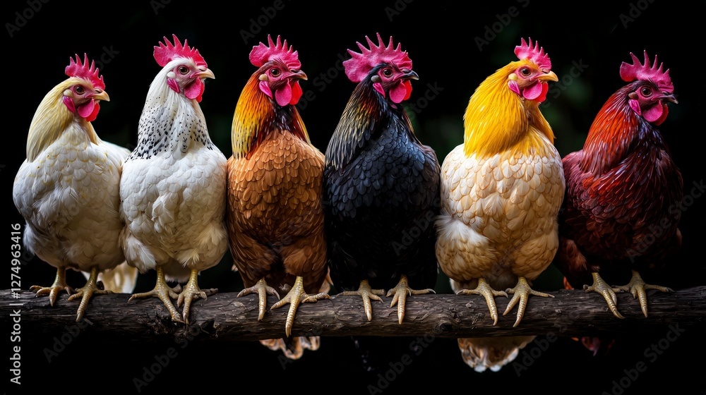 Fototapeta premium Colorful Chickens Rooster on Branch Farm Birds Poultry Illustration