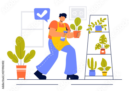 Home Gardening Vector Illustration featuring People Planting Gardens, Flowers, and Plants at Home and Outdoors in a Nature Concept Background