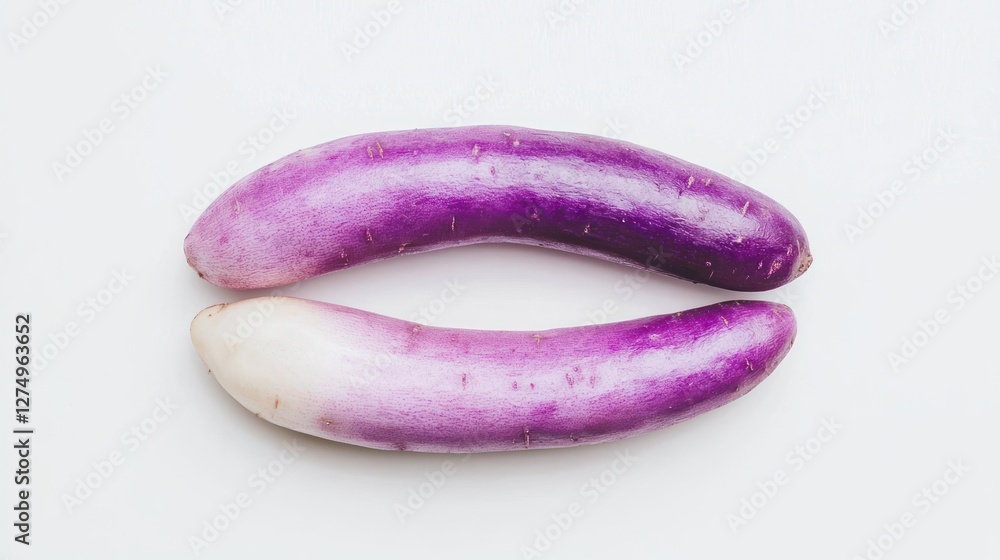 Two elongated purple eggplants on a white background. Two elongated purple eggplants on a white background.