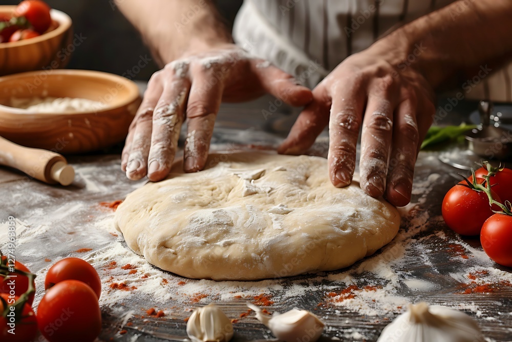 Male hands preparing dough for pizza on table Male hands preparing dough for pizza on table