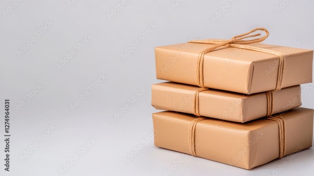 Stack of Brown Paper Packages Tied with String on Neutral Background Stack of Brown Paper Packages Tied with String on Neutral Background