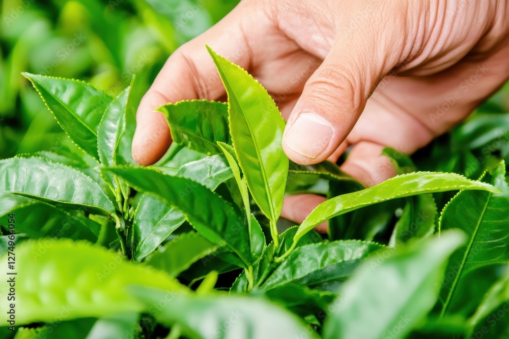 Hand picking tea leaves in lush green field Hand picking tea leaves in lush green field