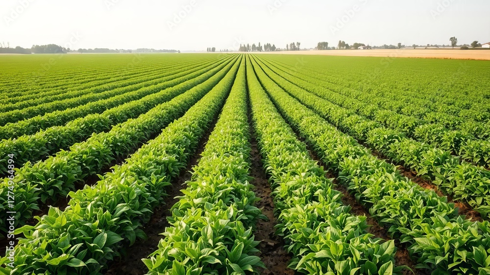 Lush green field with a variety of sustainable farming crops in neat rows, lush, crops, farming Lush green field with a variety of sustainable farming crops in neat rows, lush, crops, farming