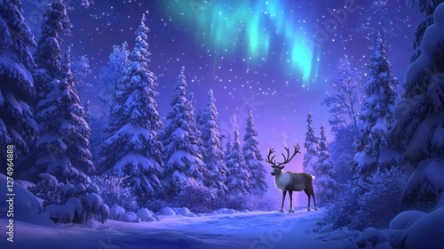 Snowy Forest at Night with Northern Lights and Reindeer photo