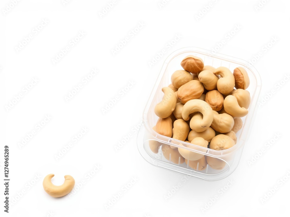 Cashews in a clear plastic bag, isolated on white background, isolated, container, nuts Cashews in a clear plastic bag, isolated on white background, isolated, container, nuts