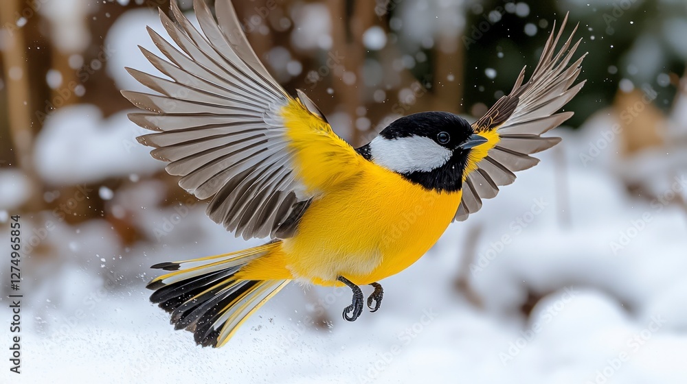 Obraz premium Great Tit Bird in Flight Winter Snow Yellow Bird Wildlife Photography